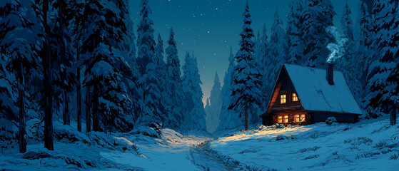 A frame cabin glows in a snowy forest under a starry night winter scene