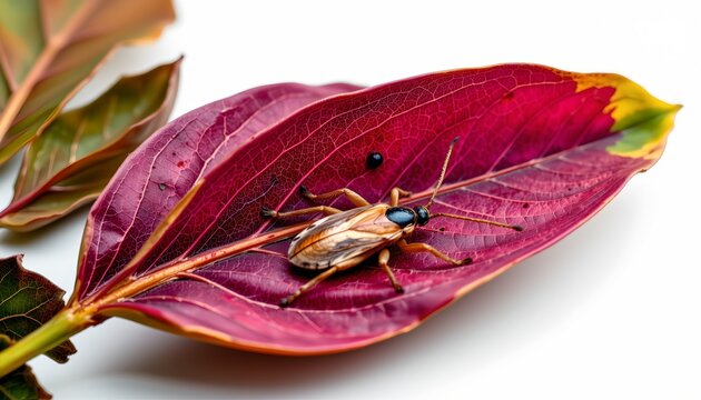 A close up of a red maple leaf with small black insects resting on it, alongside a dried flower with visible yellow spots that might be pollen or spores.