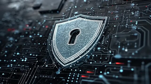 Digital shield symbolizing cybersecurity, surrounded by a network of interconnected data lines
