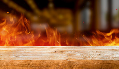 Flame and Timber: A rustic wooden surface sits before a raging inferno, the flames dancing and...