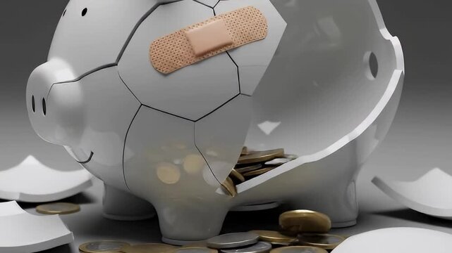 This compelling 3D animation depicts a pristine white piggy bank, symbolically fractured and partially broken, with various metal coins spilling from its interior onto a clean, neutral surface. A beig