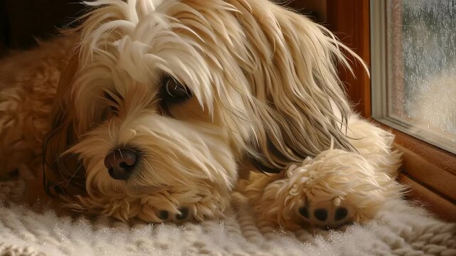 A small dog is laying on a blanket. The dog has a white face and brown fur. The dog is looking at the camera. Havanese lying peacefully in warm winter corner