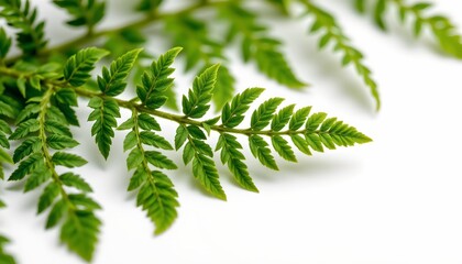 A close up photograph of green fern leaves with delicate veins and a light background.