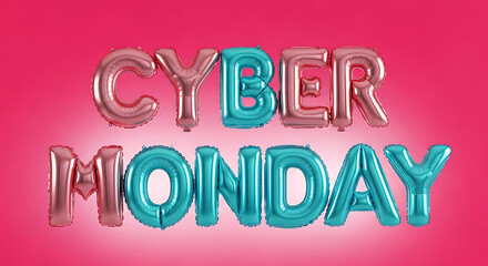 Rose gold and teal letter balloons spelling Cyber Monday on pink background image