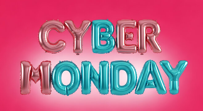 Rose gold and teal letter balloons spelling Cyber Monday on pink background image