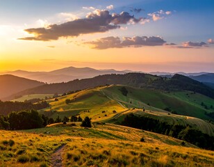 Rolling green hills meet the sky during a brilliant sunset. A path leads over a ridge toward a distant mountain range. Golden light