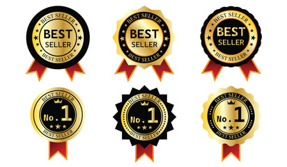 Premium Black and Gold Best Seller Badges Collection. A set of high-contrast "Best Seller" vector badges in gold and black with red ribbons. Features various starburst and scalloped edge shapes