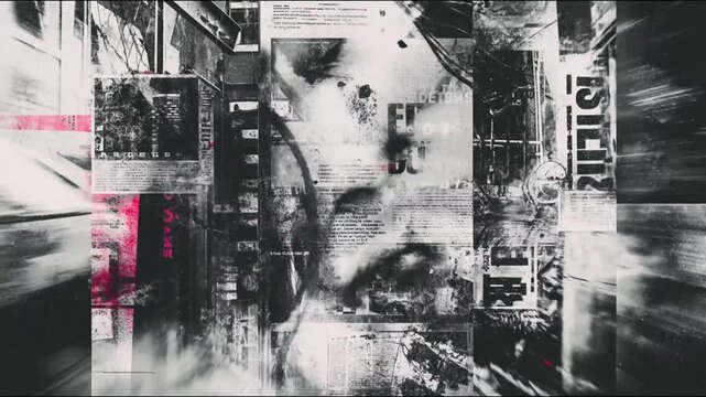 Abstract black and white grunge texture background with fast motion glitch animation, chaotic urban street art collage with torn paper and red ink splatter