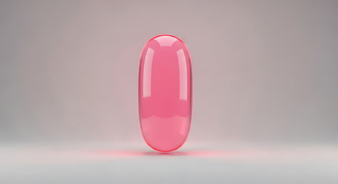 Single pink translucent capsule on a light grey background with subtle red glow pill glossy