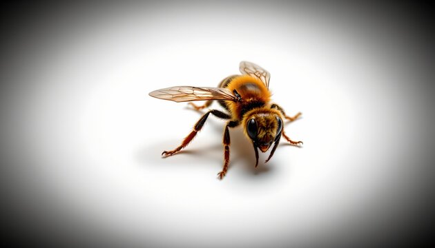 A bee perched on a surface against a dimly lit background. The bee is captured in sharp focus while the rest of the image appears slightly blurred.