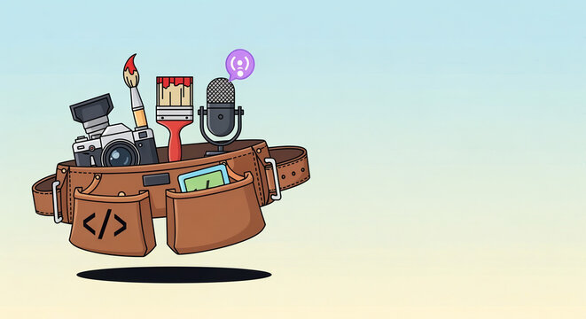 Creative Professional Tool Belt with Camera, Paint Brushes, Microphone, and Coding Symbols Illustrating Creative Skills