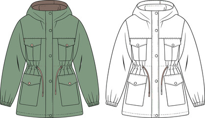 Women's green hooded parka jacket technical sketch, fashion cad drawing flat vector illustration, drawstring waist utility pockets front view. © MstMuktarinaAkter