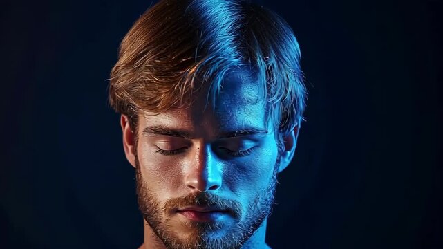 Intense portrait of a man with eyes closed, bathed in blue and red light.