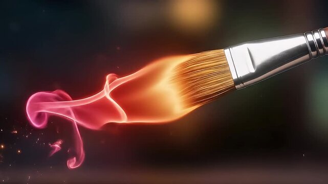 This dynamic artistic video features a paintbrush creating a mesmerizing trail of vibrant, colorful smoke-like energy against a dark, ethereal background. Hues of red, orange, green, and blue swirl an