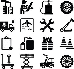 Airport ground support icons, aviation maintenance tools, safety gear, equipment symbols, repair service signs, transportation logistics, airline technical illustration