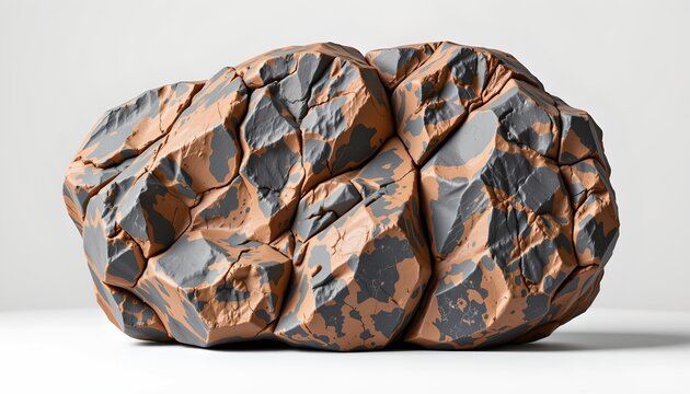 This is an artistic representation of a brain shaped object with a cracked, textured surface, placed in front of a plain background to draw attention to the sculpture itself.