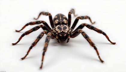 A single spider positioned centrally against a white background. Its body is predominantly orange with black markings, and it has eight legs that are also orange but have darker markings
