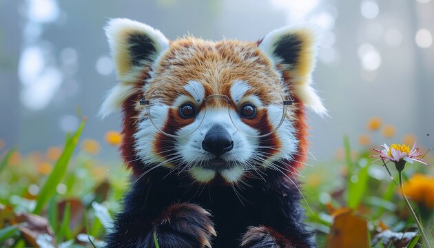 Adorable red panda with glasses peeking through flowers in a dreamy nature scene, creating a whimsical and endearing moment that will melt your heart