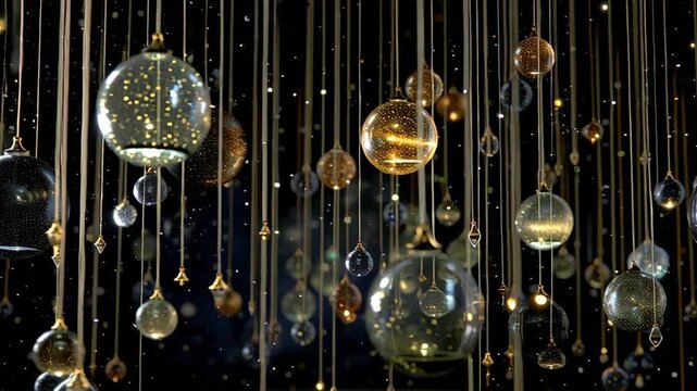 A decorative display featuring numerous glass spheres and teardrop ornaments suspended from thin gold cords against a dark background, creating a celestial or festive ambiance.