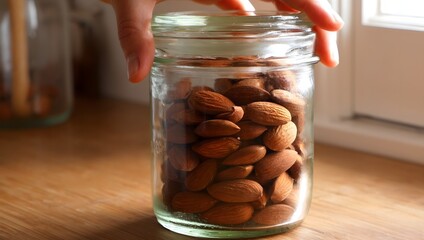 Realistic macro shot of a hand opening a glass jar containing raw almonds under natural soft light. Clean, minimal, and suitable for food and health themes.