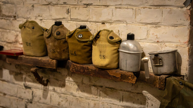 Military ww2 military metal canteens in Reichstett in France on November 25th 2025