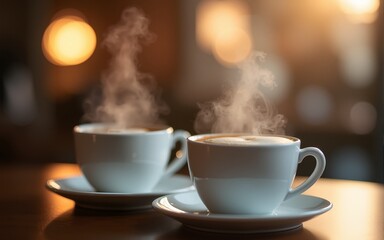 Two steaming cups of coffee on table. Bokeh lights in background. High quality