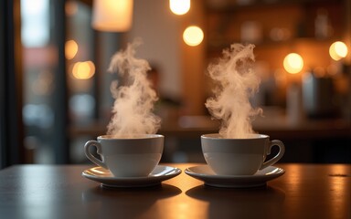 Two steaming cups of coffee on table. Bokeh lights in background. High quality