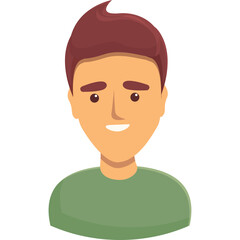 Stylized Cartoon Portrait of a Smiling Young Man with Brown Hair and a Green T-shirt Against a White Background with Transparent Background