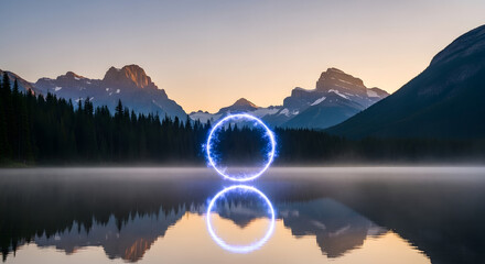 Mystical Neon Circle Reflection on Calm Water