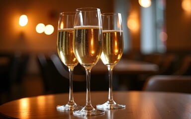 Two glasses of champagne sitting on a table, ideal for parties and celebrations. High quality