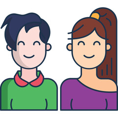 Stylized cartoon portrait of a cheerful young couple with dark hair and smiling faces wearing a green shirt and a purple off-the-shoulder top against a lilac background with a transparent area