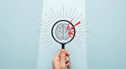 Magnifying glass focusing on a brain with red lines on a blue background