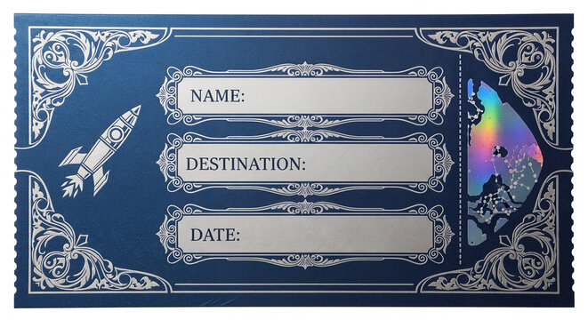 Foil Stamped Galactic Space Travel Ticket Template with Rocket and Holographic Map
