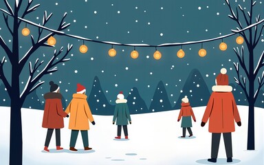 Minimalist illustration of a winter festival scene with lights, snow, and people bundled up. High quality