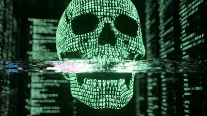 Glowing skull made of binary code in digital landscape