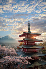 Fujiyoshida, Japan Beautiful view of mountain Fuji and Chureito pagoda at sunset, japan in the...