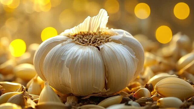 Close-up of garlic bulb and cloves with golden light and bokeh background.