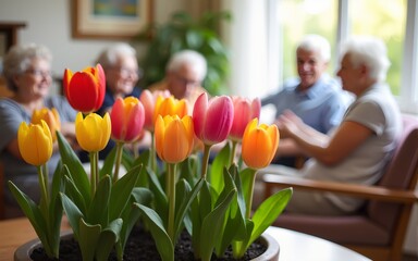 Colorful flowers in pot, assisted living community common area background with engaged residents interact in warm space - senior activity, social interaction, care, and joyful togetherness