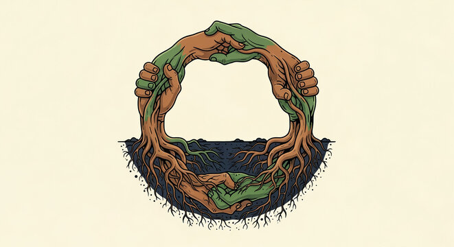 Unity and Nature: Hands and Roots Forming Circular Interlocking Symbol