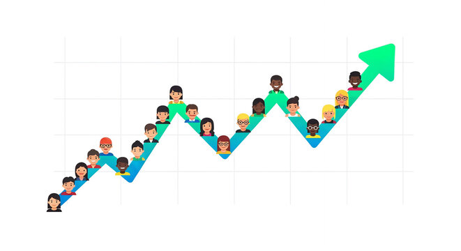 Diverse Team Performance Chart: Multicultural Group Forming Rising Success Arrow Graph