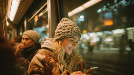 Fototapeta premium Young Woman Smiling at Phone on Bus at Night