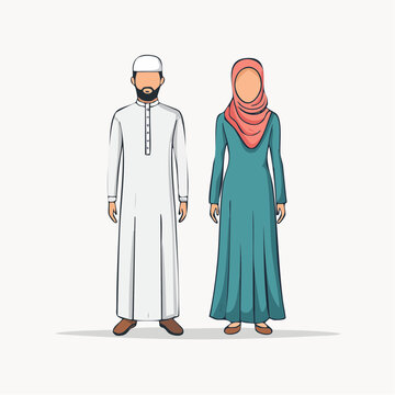 Elegant vector illustration of Muslim couple in traditional attire, abaya and dishdasha