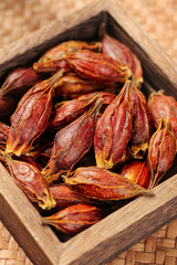 Dried Sichuan Gardenia Fruit in Wooden Box - Traditional Chinese Medicine Herb Closeup