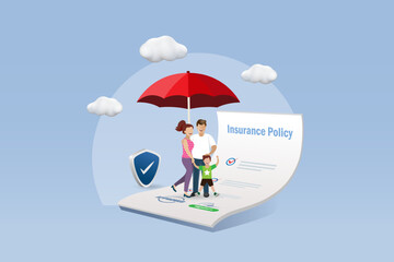 Obraz premium Happy family under protection from red umbrella and insurance protection shield standing on insurance policy. Family life and health insurance. 3D vector.