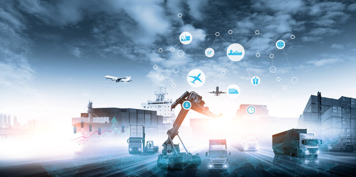Smart technology logistics concept, virtual screen world map of Global logistics network distribution, Air cargo trucking, Rail transportation and maritime shipping, Online goods orders worldwide - Powered by Adobe