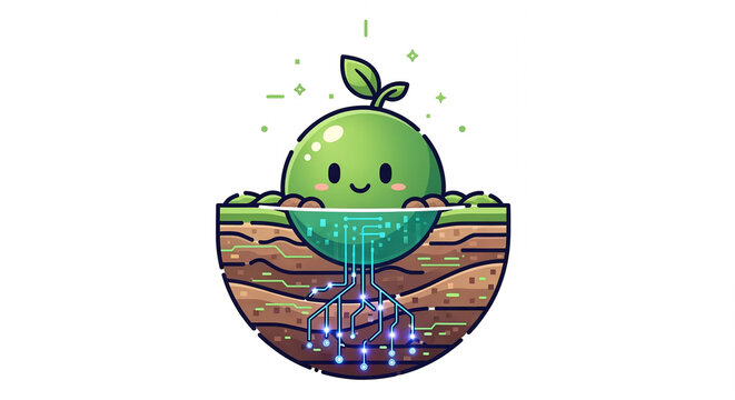 Cute Sprout with Digital Circuit Board Roots - Bio-technology and Smart Farming Concept Vector