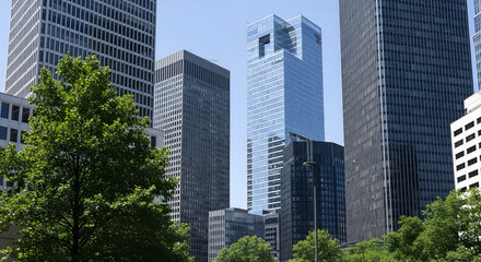 Fototapeta premium Stunning modern architecture downtown showcasing vibrant city skyscrapers against a serene blue sky, perfect for urban development projects