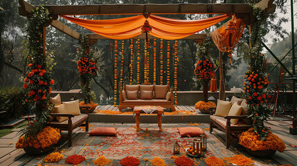 Haldi Stage Adorned with Banana Leaves and Traditional Decor
