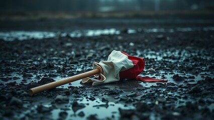 desaturated. A broken flagpole lying in muddy ground with a tattered flag under overcast sky. wellbeing guides, coaching materials, designed for mental health education and mindfulness programs.