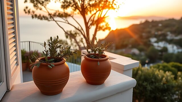darning. Mediterranean villa balcony with terracotta pots and olive oil at sunset, coastal view in warm light. inspiring travel planning.